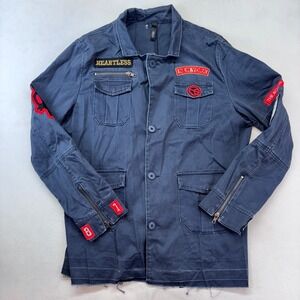 Elan Dark Wash Utility Jacket "Heartless" "New York"‎ Patches "Peace" Large
 L